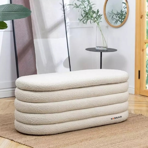 Kassar Folding Ottoman Stool, Beige Cushioned Seat, Stackable Storage Footrest for Living Room, Bedroom Dark Cream Color (32 Ottoman Light Cream)