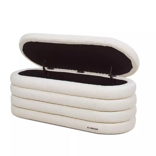 Kassar Folding Ottoman Stool, Beige Cushioned Seat, Stackable Storage Footrest for Living Room, Bedroom Dark Cream Color (32 Ottoman Light Cream)