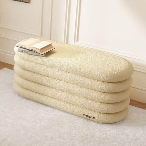 Kassar Folding Ottoman Stool, Beige Cushioned Seat, Stackable Storage Footrest for Living Room, Bedroom Dark Cream Color (Dark Cream)