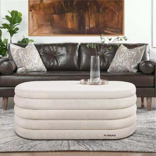 Kassar Folding Ottoman Stool, Beige Cushioned Seat, Stackable Storage Footrest for Living Room, Bedroom Dark Cream Color (Dark Cream)