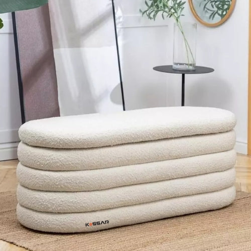 Kassar Folding Ottoman Stool, Beige Cushioned Seat, Stackable Storage Footrest for Living Room, Bedroom Dark Cream Color (32 Ottoman Light Cream)