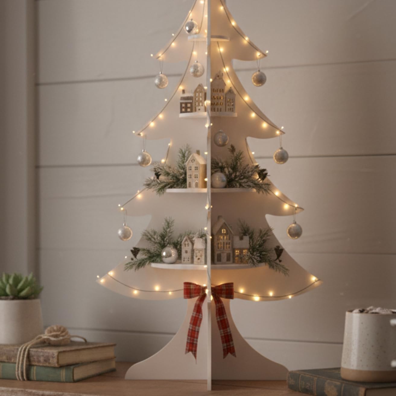 Kassar 3D Christmas Tree Decoration, White, Wooden, Tabletop Holiday Decor, Festive Ornament