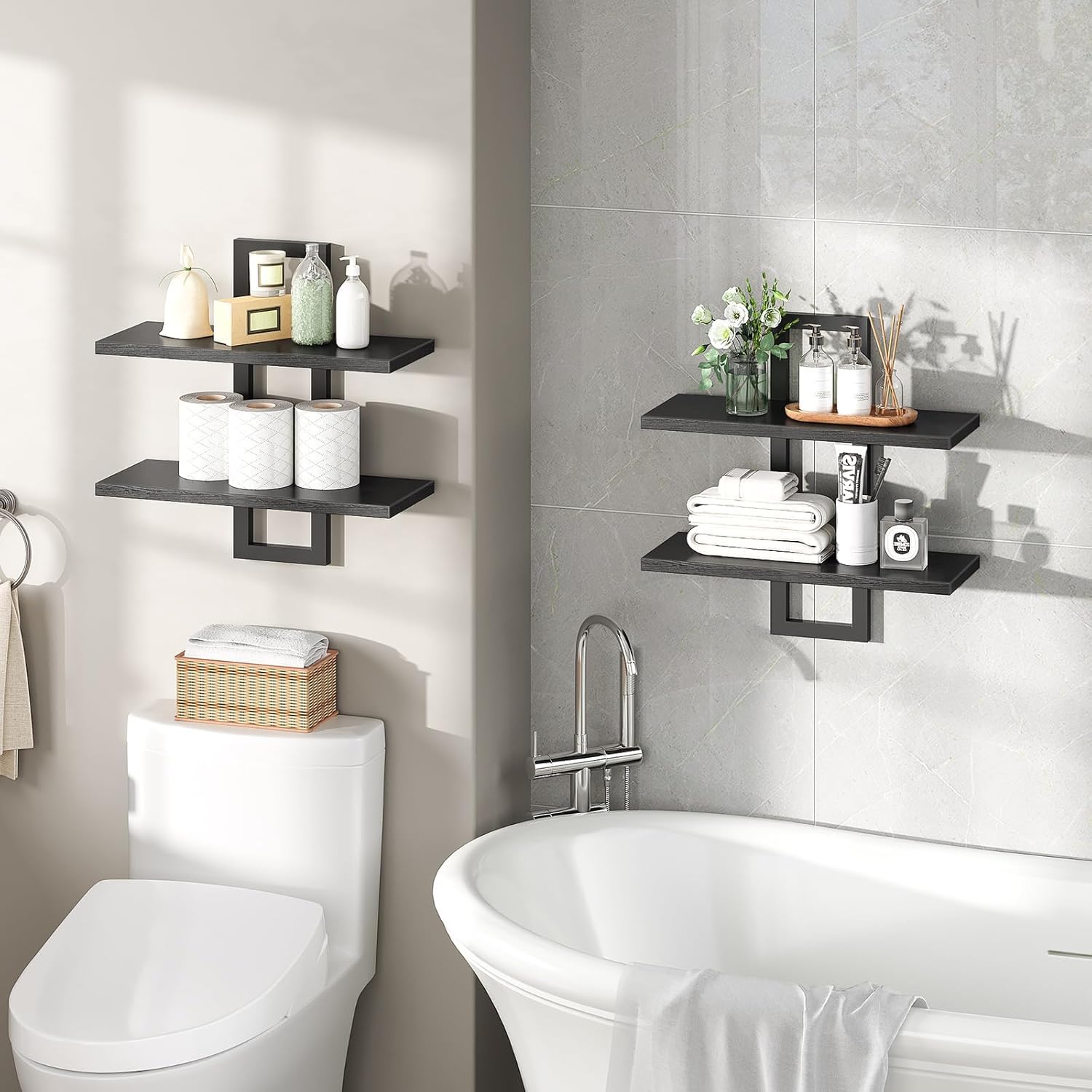 Kassar Modern Floating Wall Shelves Set, White with Gold Brackets, 3-Tier Decorative Display Storage