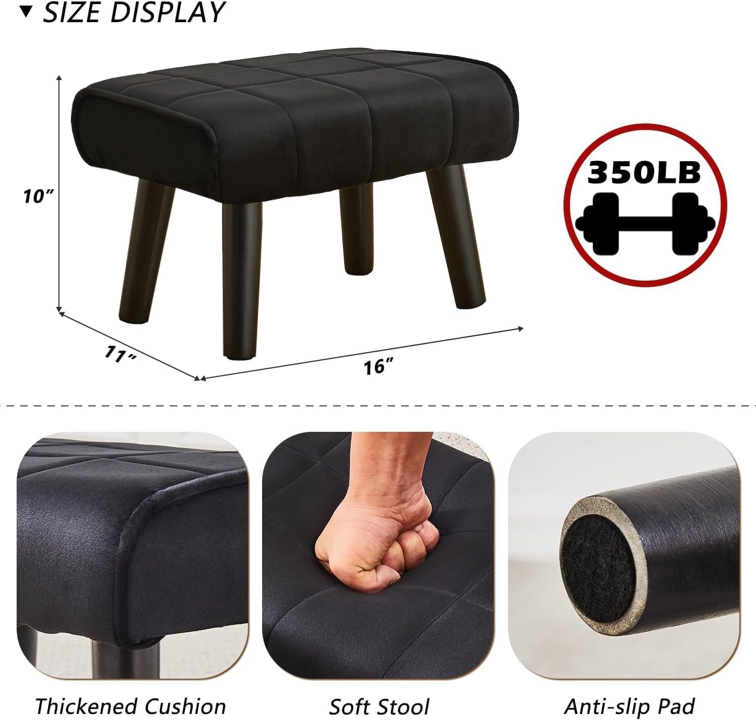 Kassar Footrest Ottoman Footstool Rectangular with Wood Legs Pets and Living Room couches with Little stools and Sofa footrests for Additional Seating-Black