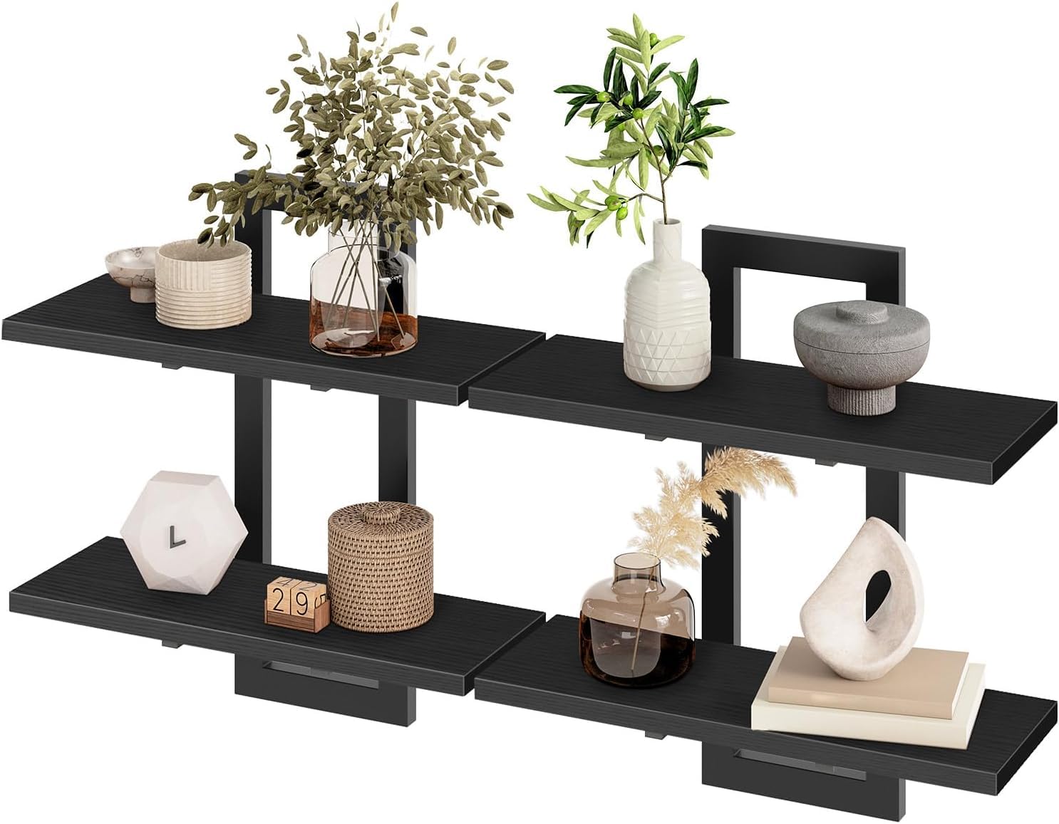 Kassar Modern Floating Wall Shelves Set, White with Gold Brackets, 3-Tier Decorative Display Storage