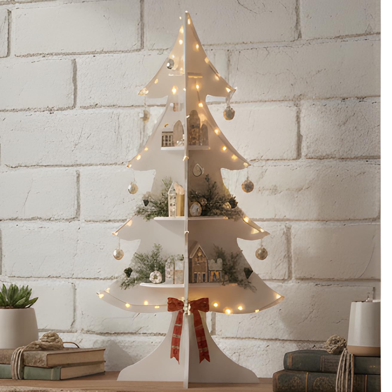 Kassar 3D Christmas Tree Decoration, White, Wooden, Tabletop Holiday Decor, Festive Ornament