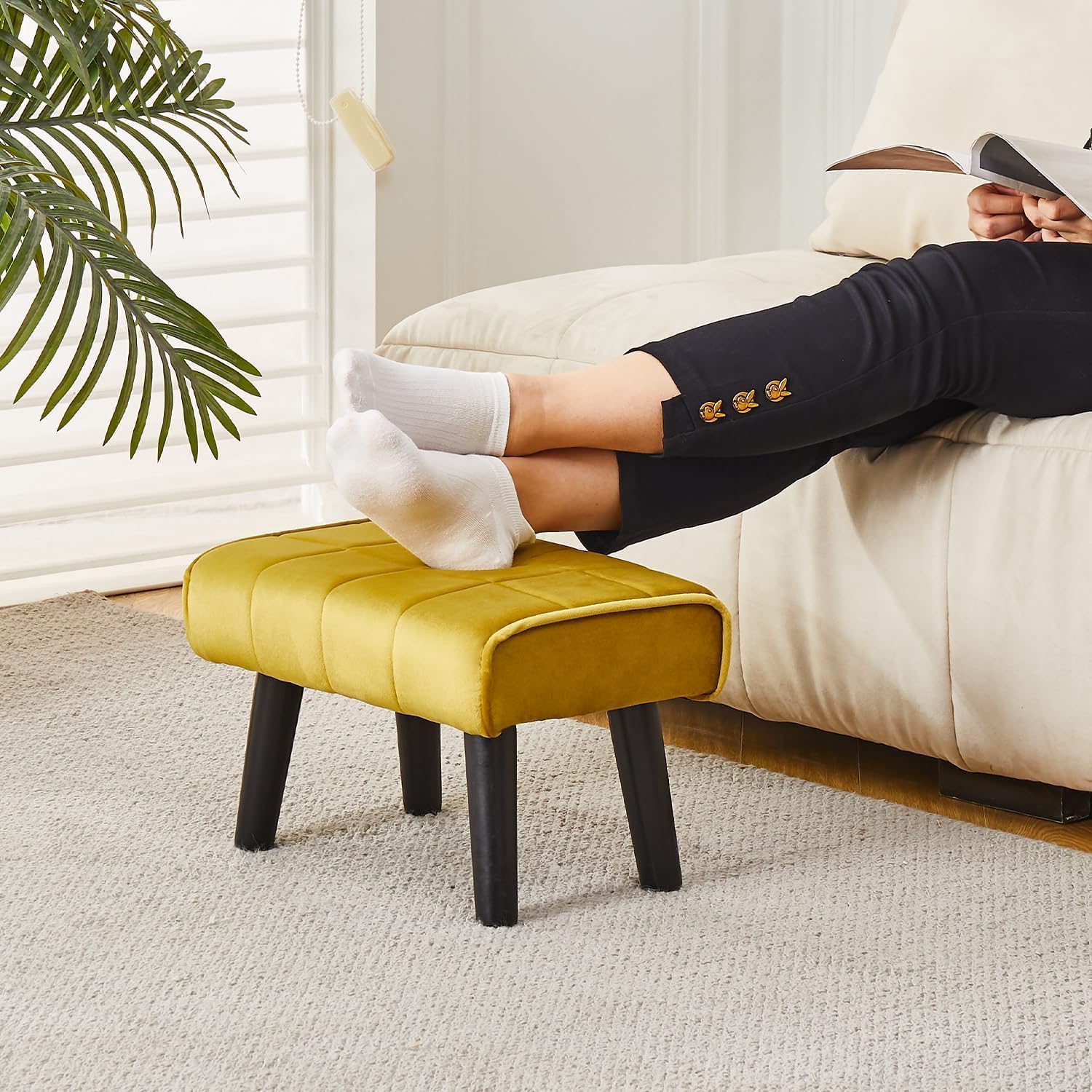 Kassar Footrest Ottoman Footstool Rectangular with Wood Legs Pets and Living Room couches with Little stools and Sofa footrests for Additional Seating-Yellow