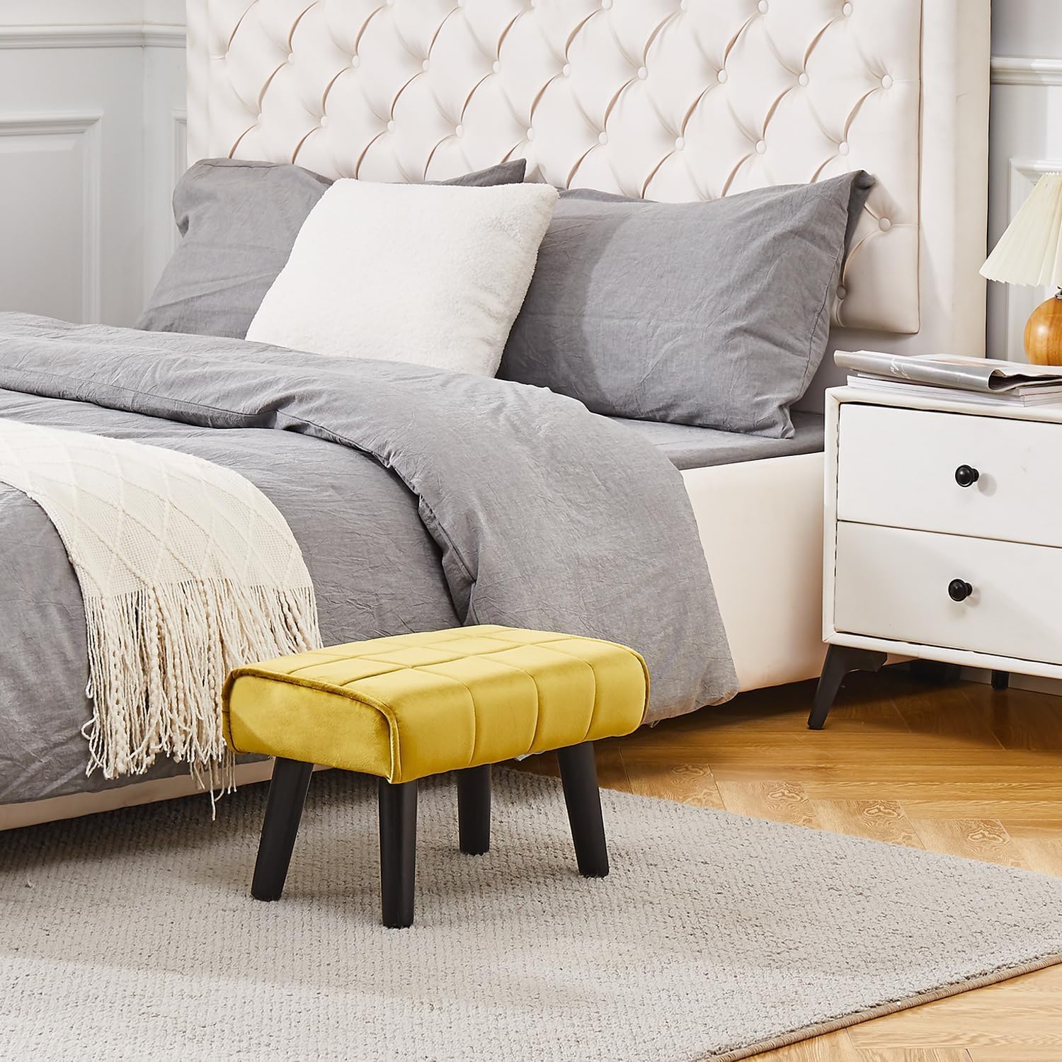 Kassar Footrest Ottoman Footstool Rectangular with Wood Legs Pets and Living Room couches with Little stools and Sofa footrests for Additional Seating-Yellow