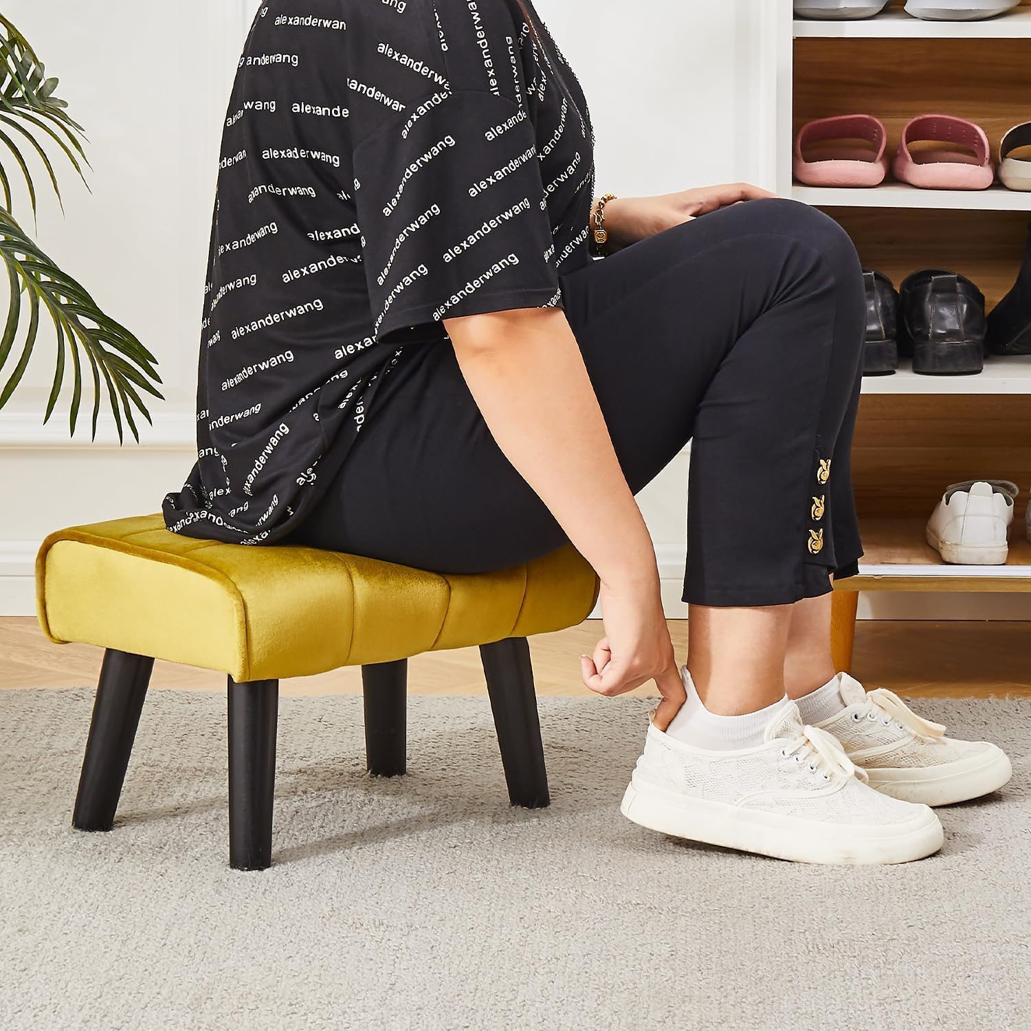 Kassar Footrest Ottoman Footstool Rectangular with Wood Legs Pets and Living Room couches with Little stools and Sofa footrests for Additional Seating-Yellow