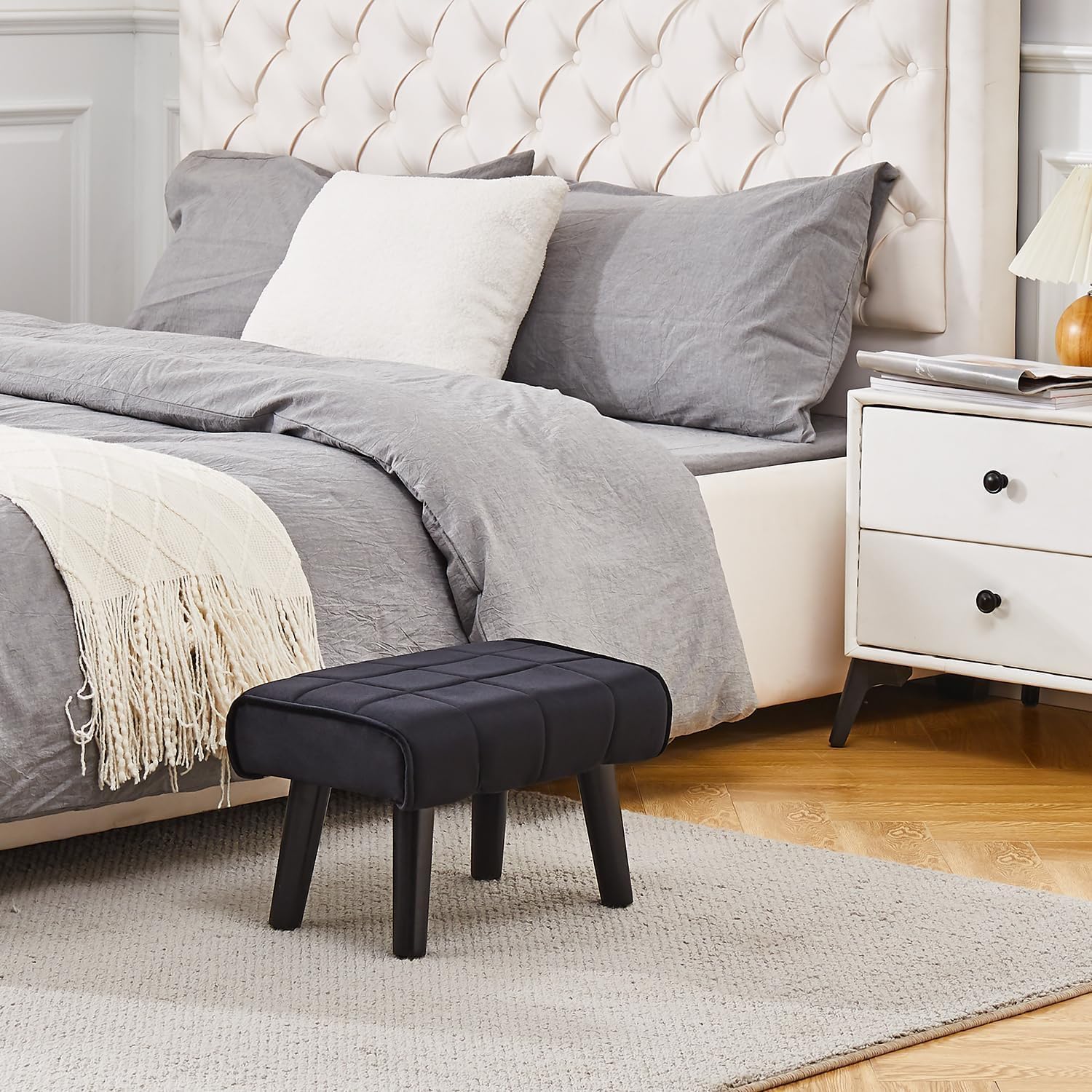 Kassar Footrest Ottoman Footstool Rectangular with Wood Legs Pets and Living Room couches with Little stools and Sofa footrests for Additional Seating-Black