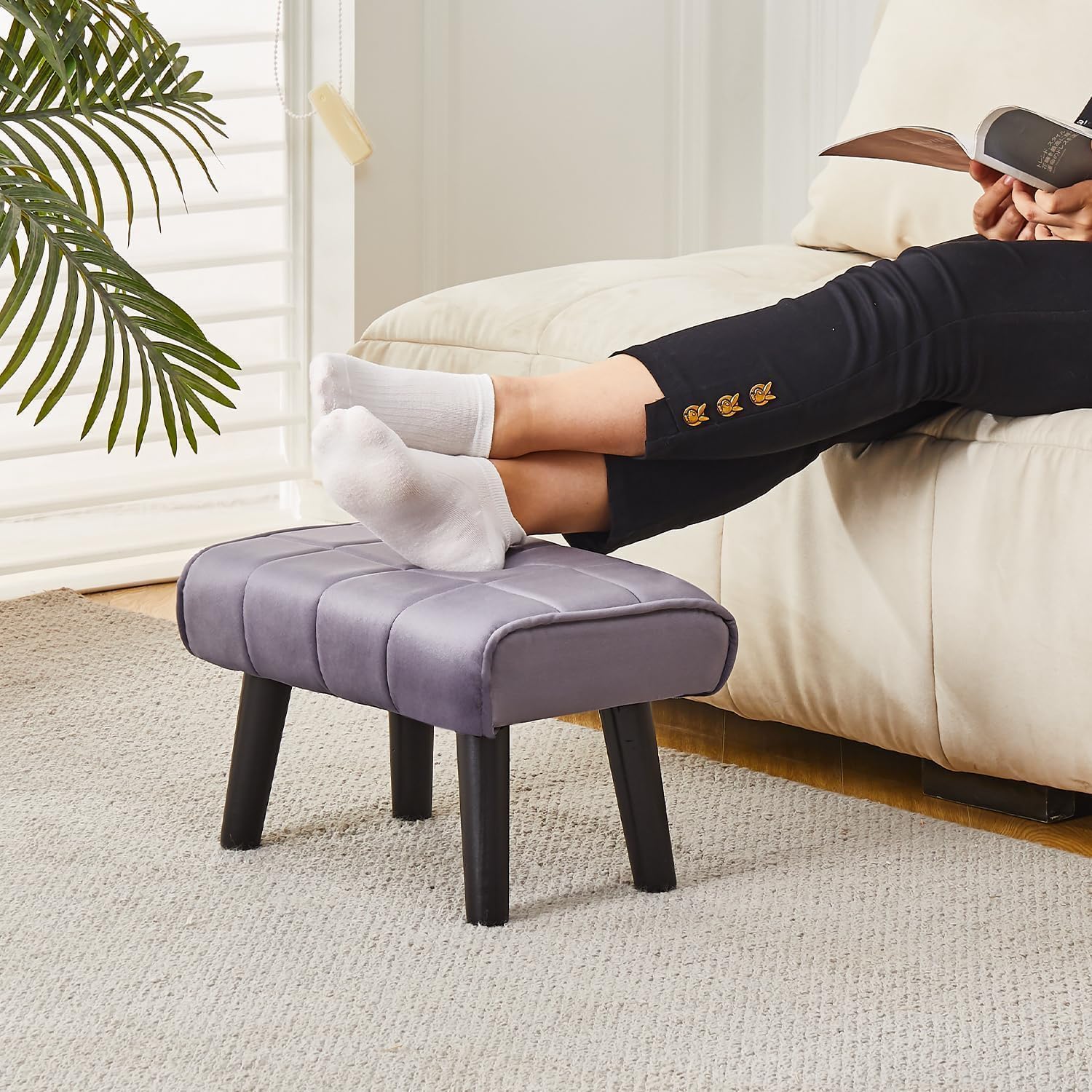 Kassar Footrest Ottoman Footstool Rectangular with Wood Legs Pets and Living Room couches with Little stools and Sofa footrests for Additional Seating-Grey