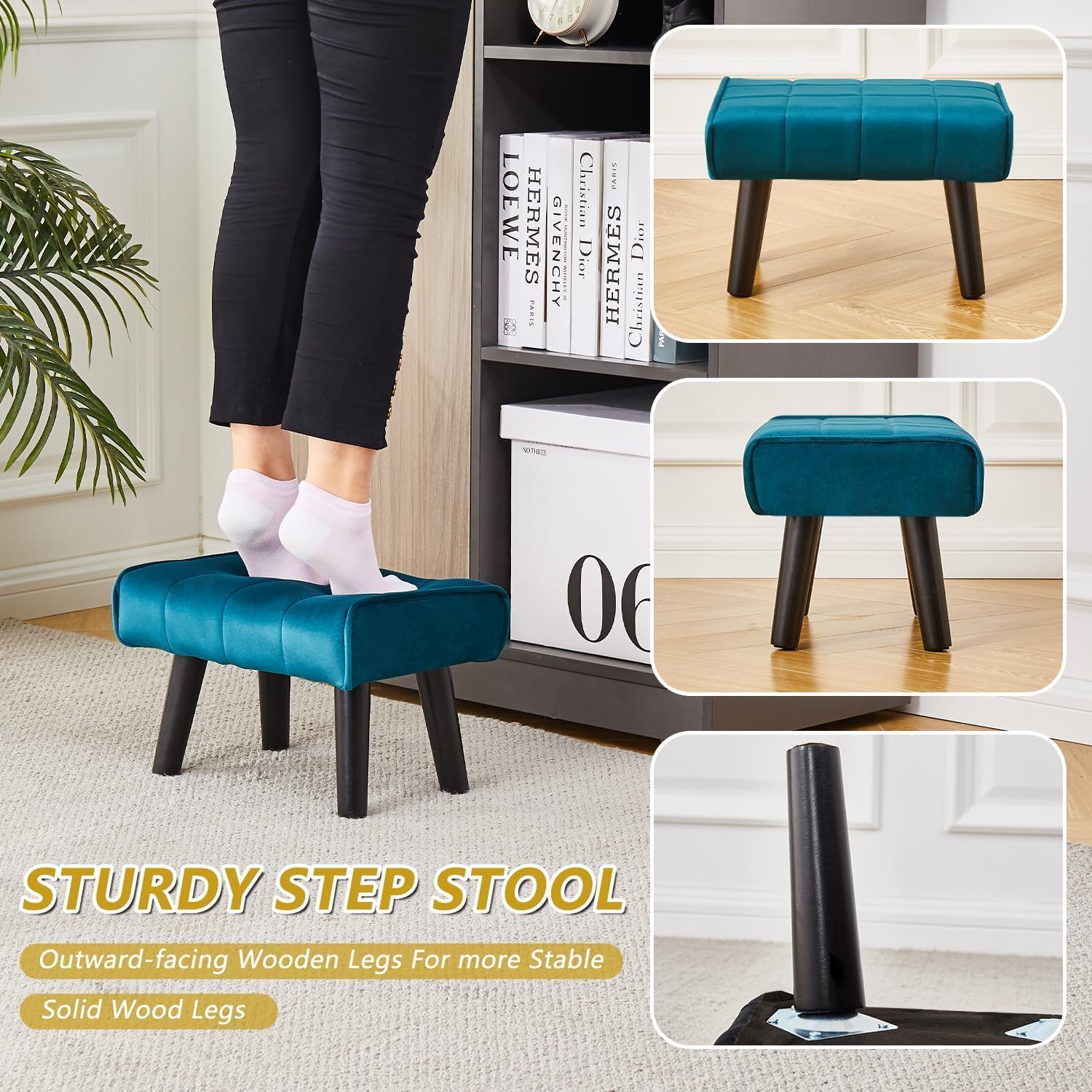 Kassar Footrest Ottoman Footstool Rectangular with Wood Legs Pets and Living Room couches with Little stools and Sofa footrests for Additional Seating-Sky