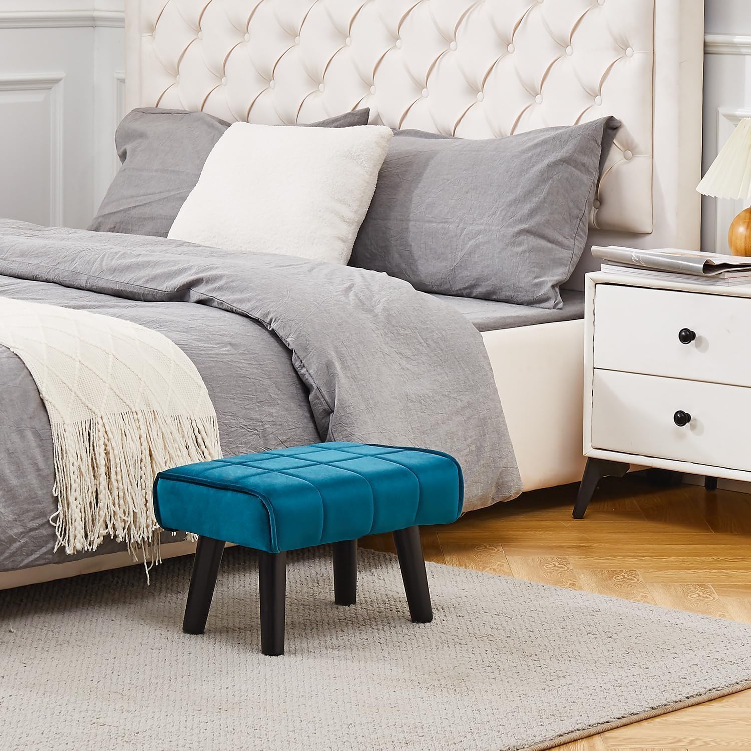 Kassar Footrest Ottoman Footstool Rectangular with Wood Legs Pets and Living Room couches with Little stools and Sofa footrests for Additional Seating-Sky