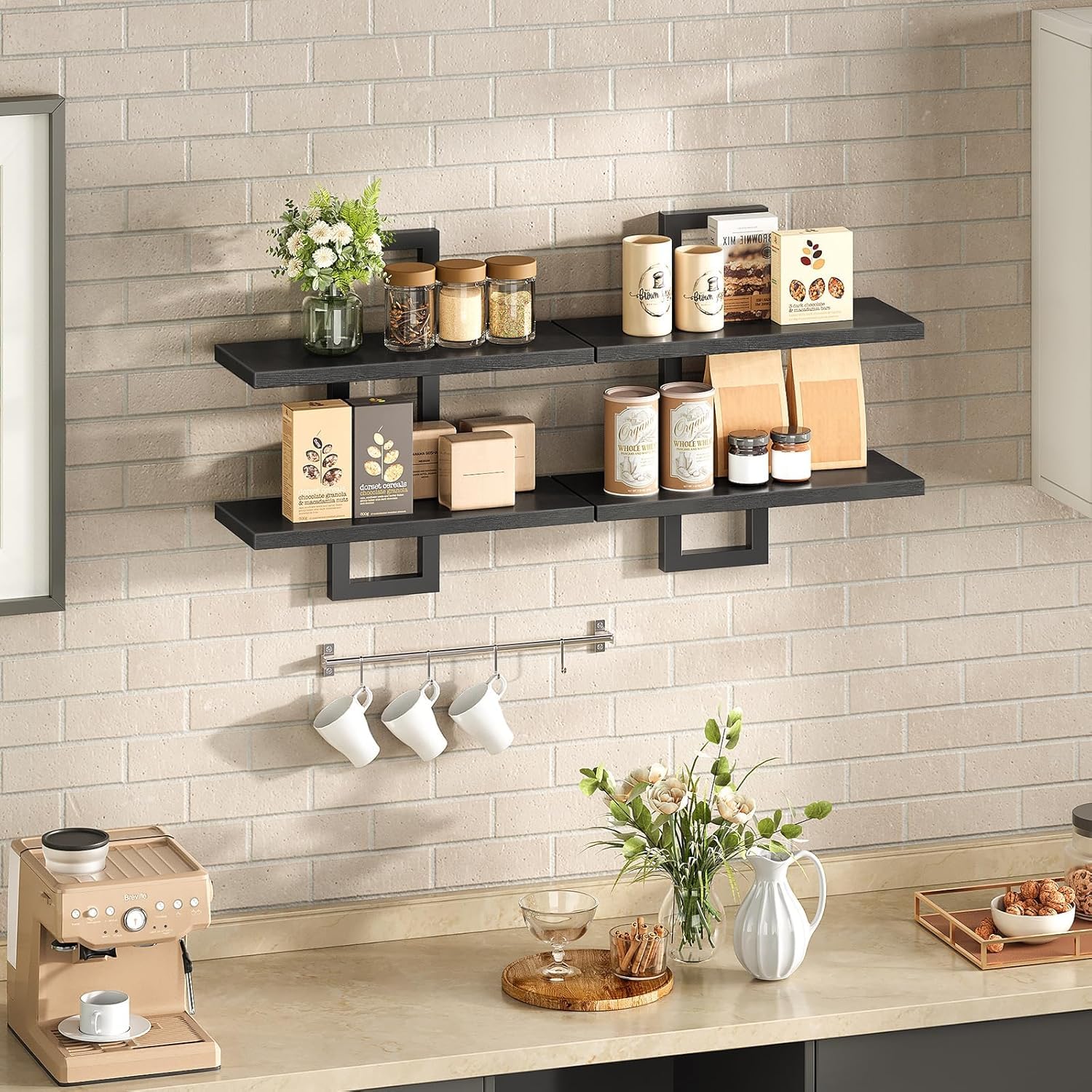 Kassar Modern Floating Wall Shelves Set, White with Gold Brackets, 3-Tier Decorative Display Storage