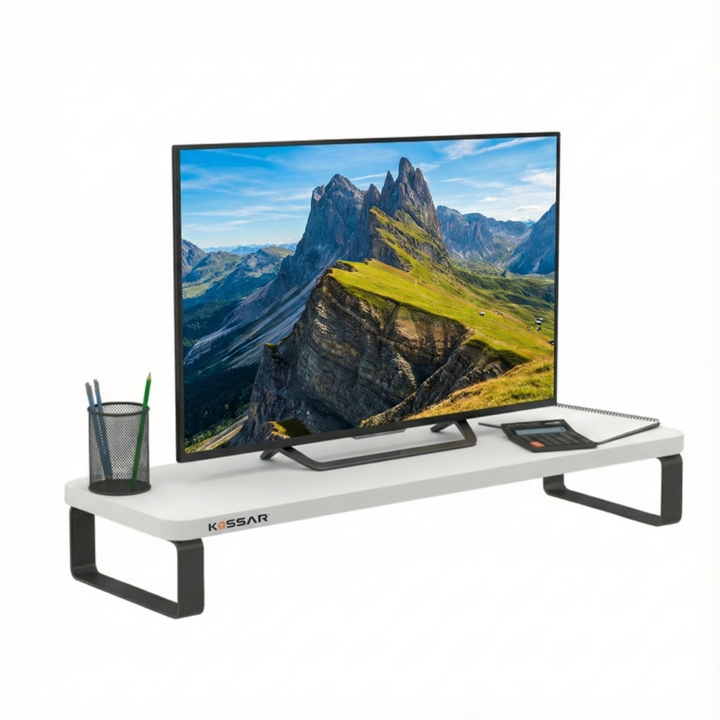 Kassar Monitor Stand Riser for Desk, White and Black Desktop Organizer, Computer Screen Holder with Storage Space